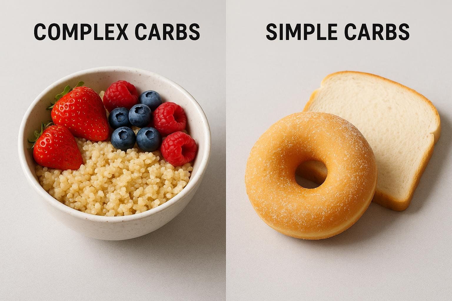 A comparison of carbohydrate quality: a healthy bowl of quinoa and berries next to a donut and white bread.