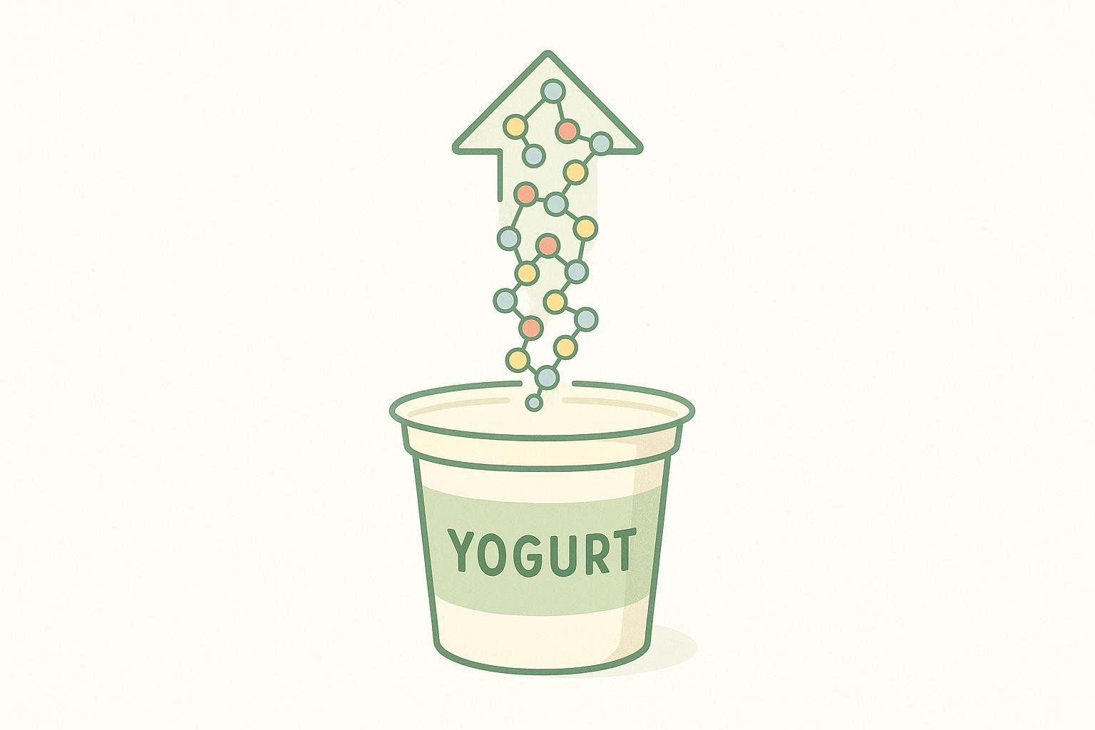 An illustration of a yogurt cup with an arrow made of protein symbols pointing up, signifying a high protein content.