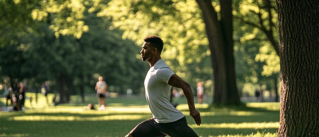 A man stretches in a park in the sunlight. There are people visible in the background. The trees are lush and green.