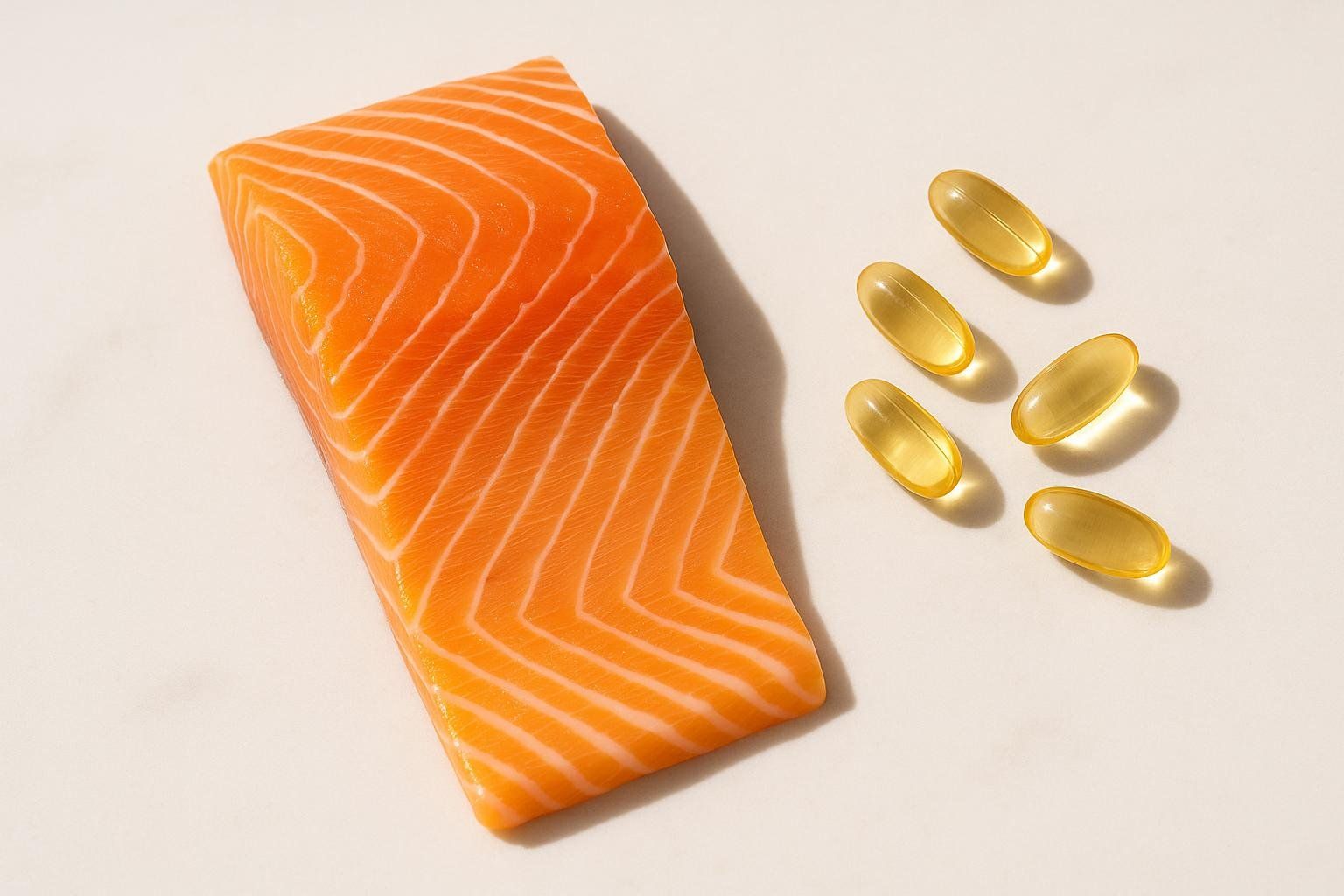 A fresh, raw salmon fillet and five translucent yellow omega-3 fish oil capsules are shown on a light background. This image illustrates both dietary and supplemental sources of EPA and DHA for health.