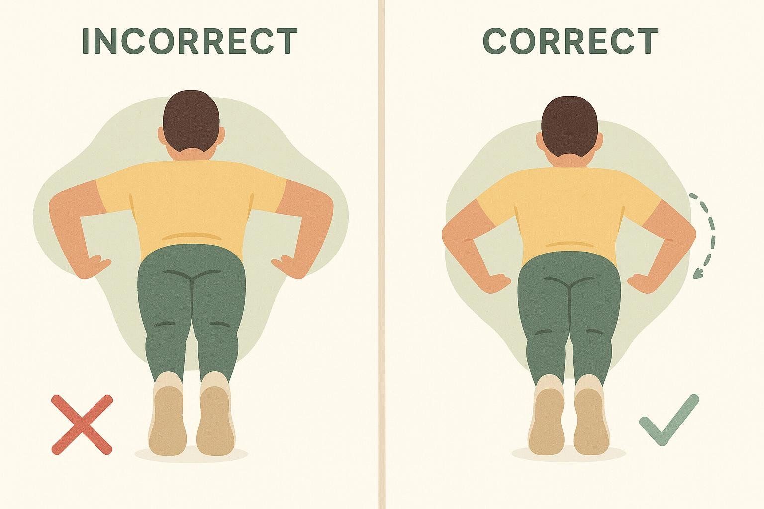 Illustration showing the incorrect and correct elbow position during a push-up. The incorrect position has elbows flared out, contrasted with the correct position where elbows are tucked at about 45 degrees.