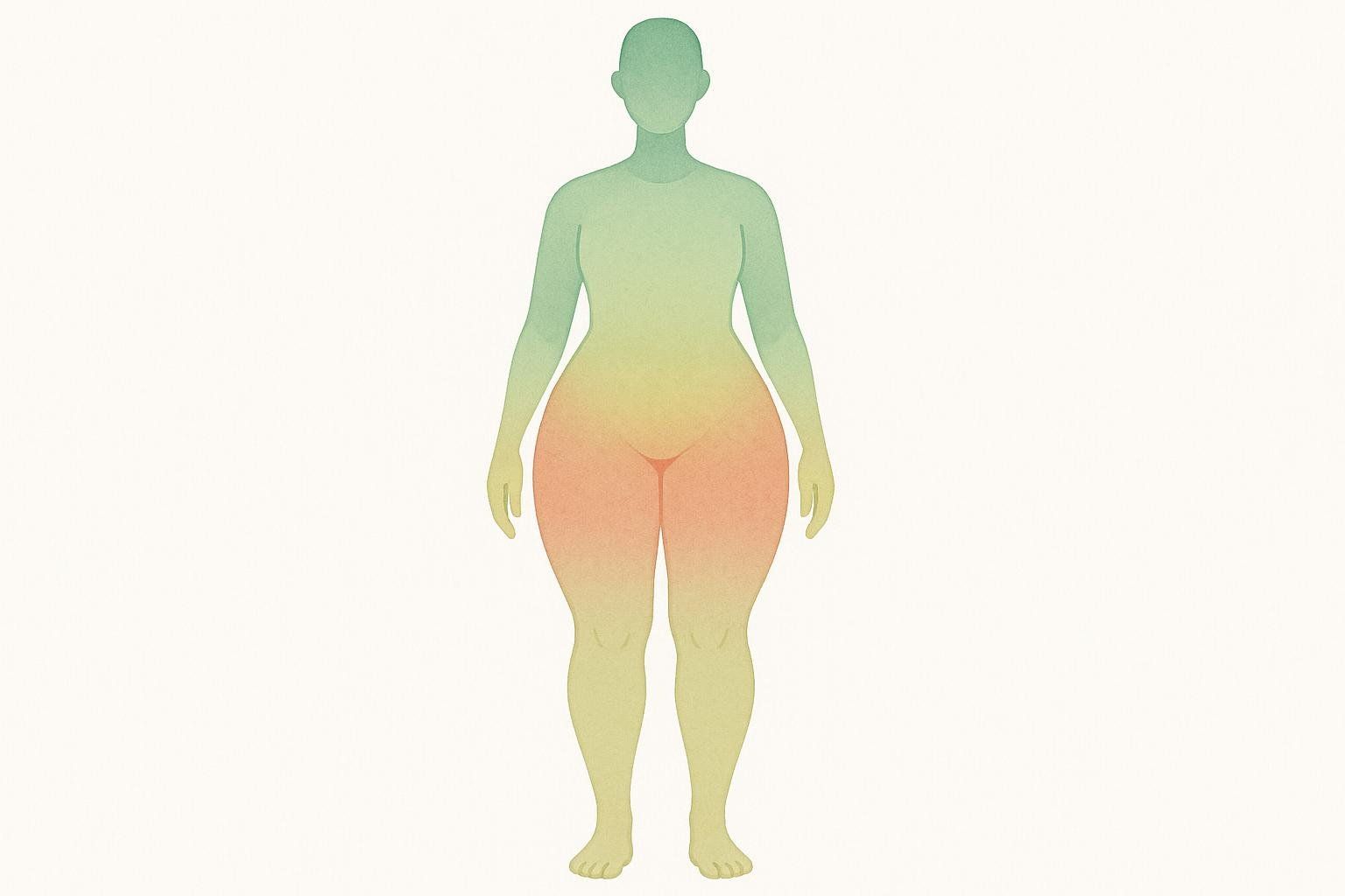 Illustration of a figure with wider hips and thighs consistent with a pear-shaped body and gynoid fat distribution.