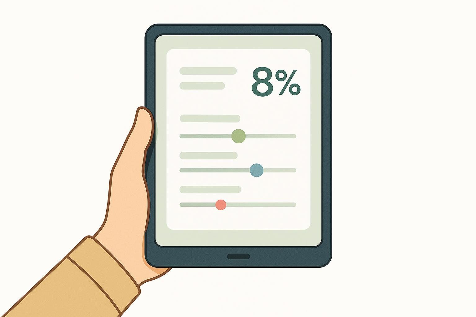 An illustration of a hand holding a tablet displaying a risk calculator, representing the FRAX tool for estimating fracture risk. The screen shows an 8% risk and three colored slider bars.