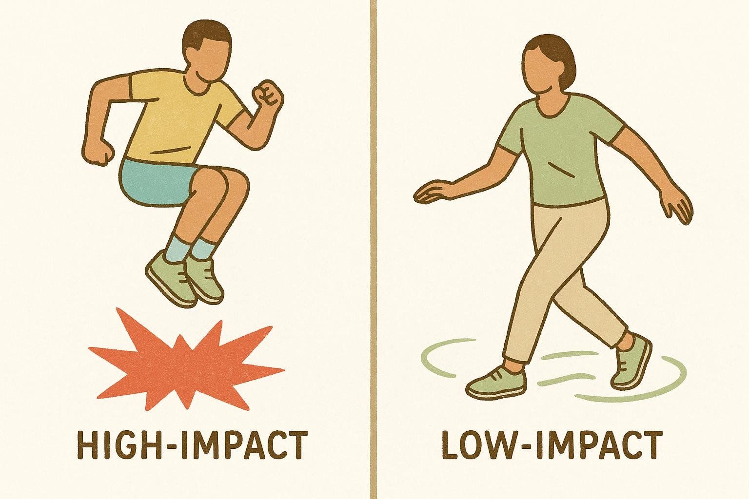 An illustration comparing high-impact versus low-impact exercise. On the left, a person is depicted in mid-air above a red starburst, labeled 'HIGH-IMPACT'. On the right, a person is walking, with curved lines indicating movement, labeled 'LOW-IMPACT'.
