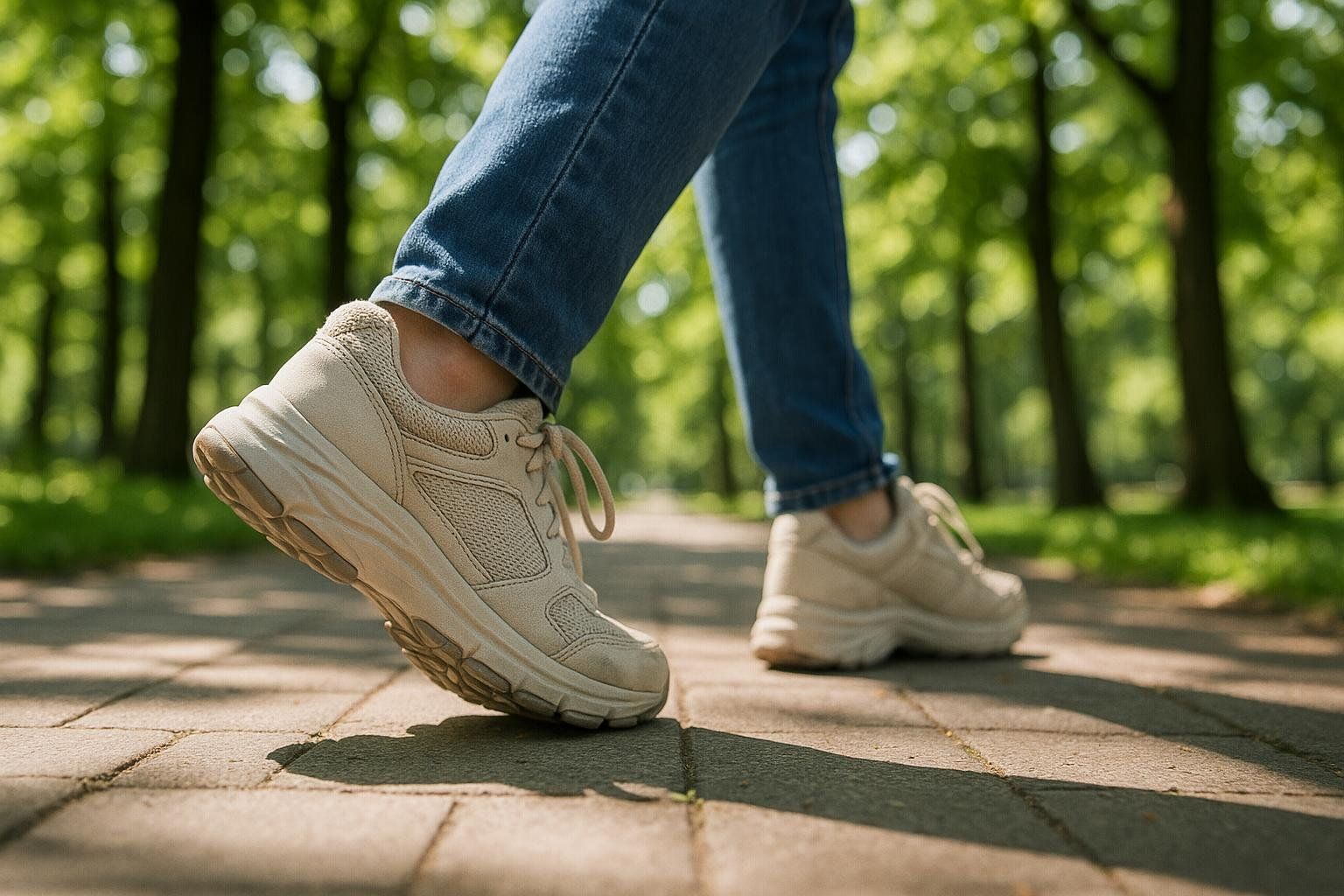 Close-up of a person wearing beige walking shoes and blue jeans walking on a paved path in a sunny park with trees and green grass.