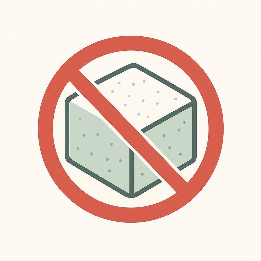 An icon depicting a white and light blue sugar cube with dark blue outlines, overlaid with a red circle and a red diagonal line through it, signifying 'no sugar' or a 'sugar-free diet'.