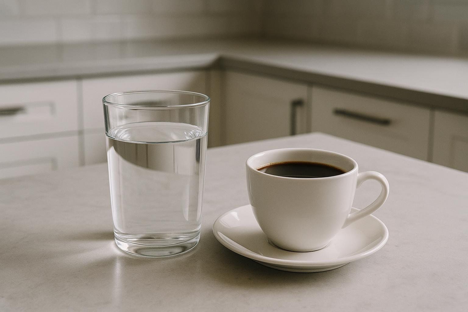 A clear glass of water and a white cup of black coffee on a matching white saucer, side-by-side on a light-colored kitchen counter. The background shows blurred kitchen cabinets.
