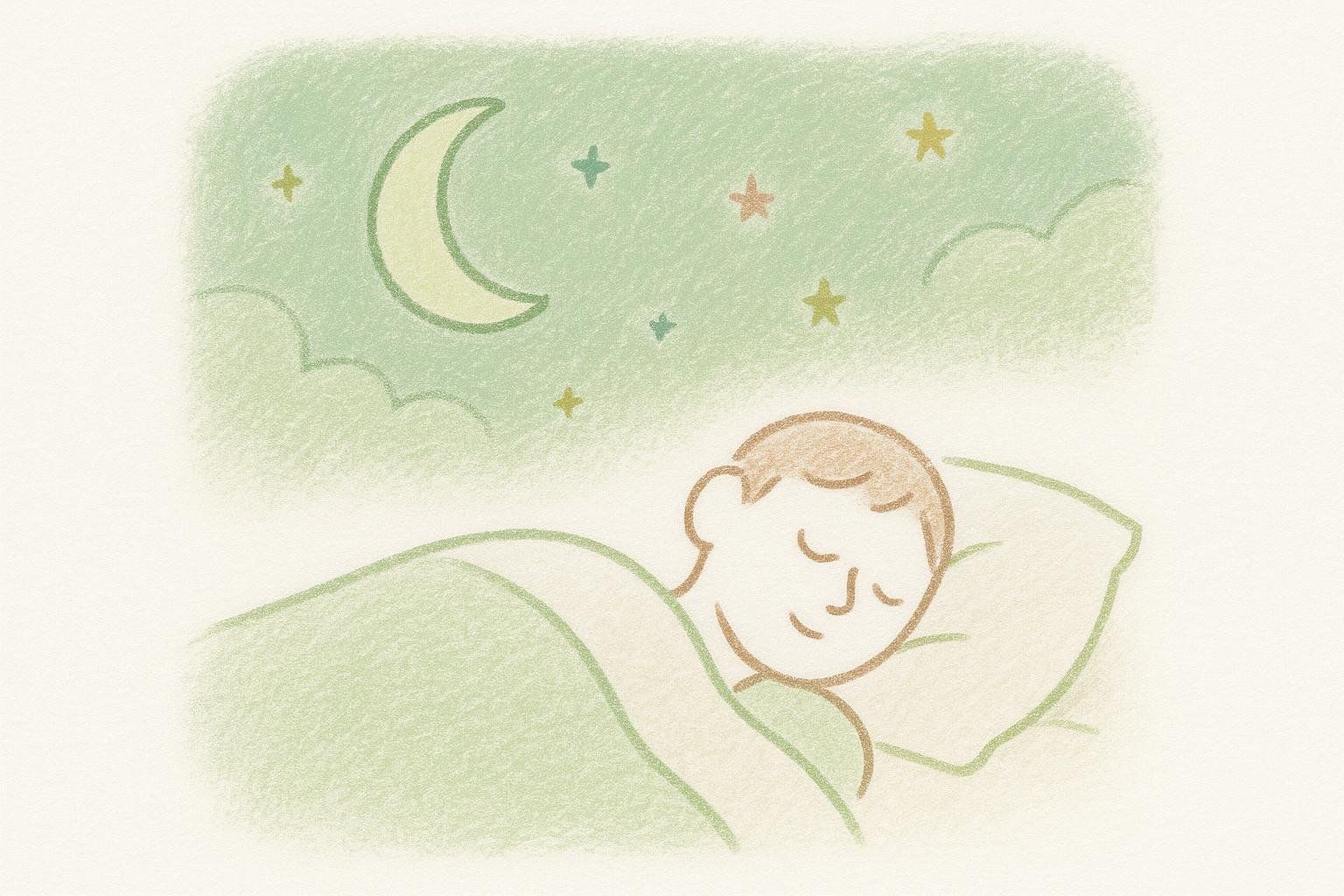 Illustration of a figure sleeping peacefully in bed under a starry night sky.