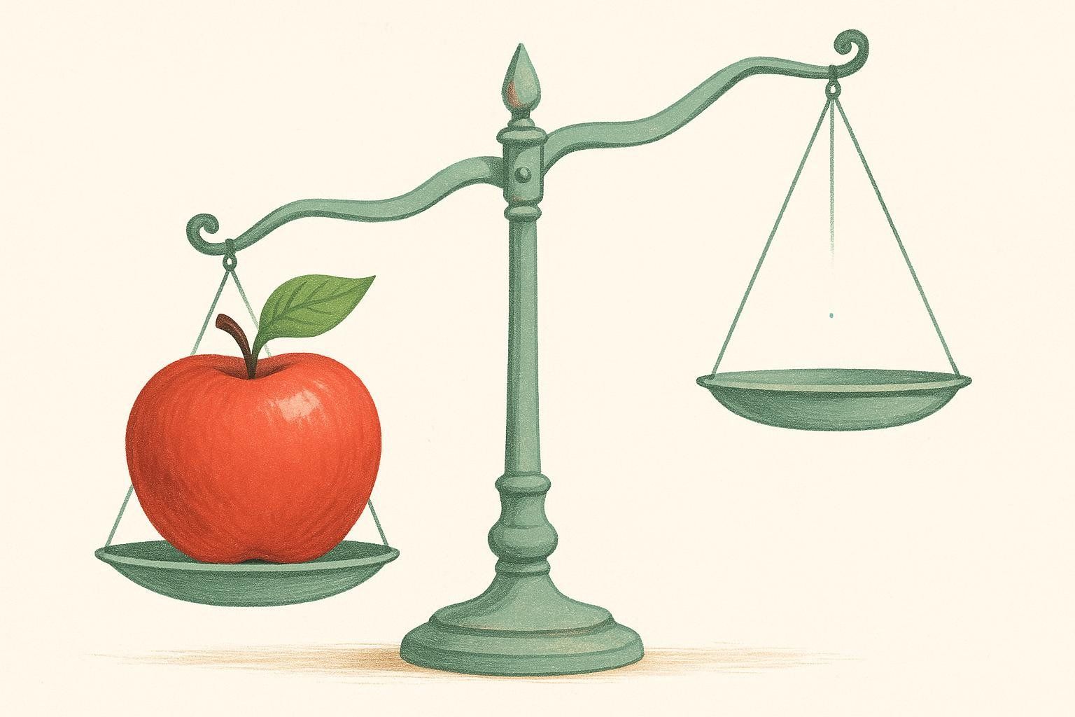 An illustration of a green balance scale, with a large red apple on the left scale making it drop significantly, and a tiny blue speck just above the right scale, demonstrating a substantial difference in weight.