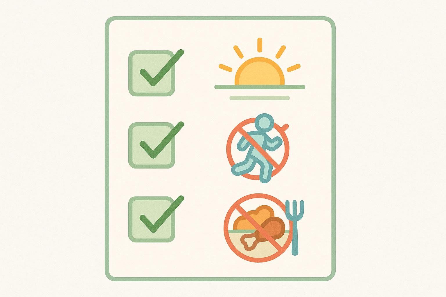 An illustration showing a checklist for BIA measurement preparation. It features three green checkmarks next to icons representing consistent timing (a sunrise), no recent exercise (a person running with a forbidden sign), and no large meals (fried chicken and a fork with a forbidden sign).