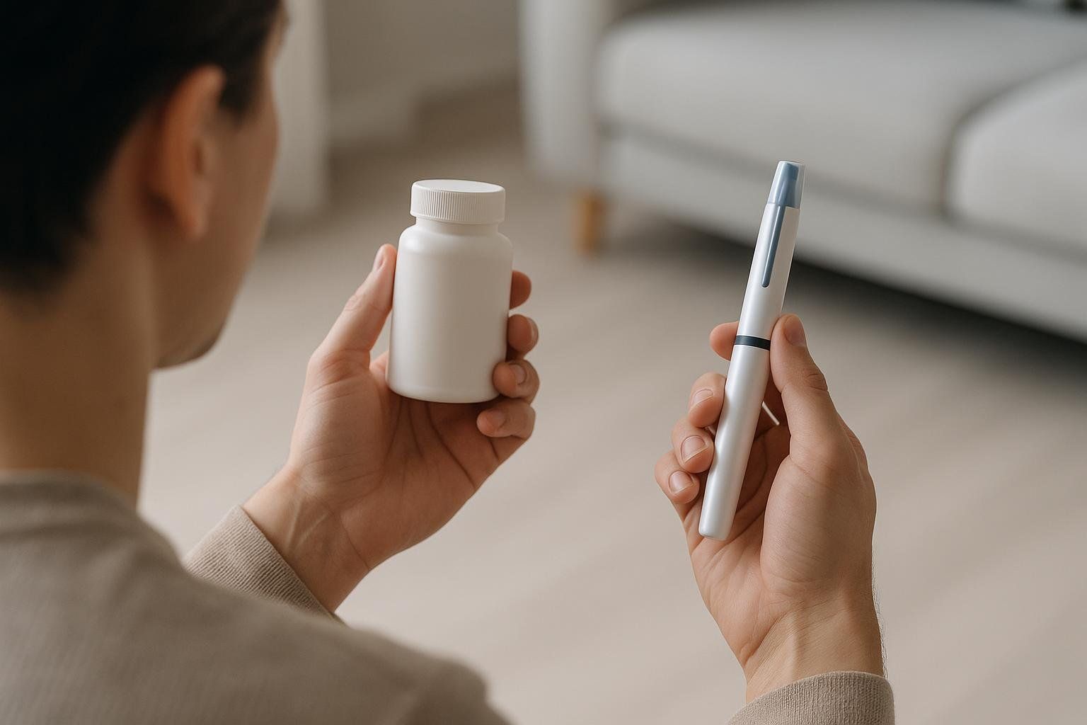 A person holds a white pill bottle in one hand and a white injector pen in the other, presenting a choice between oral and injectable medication.