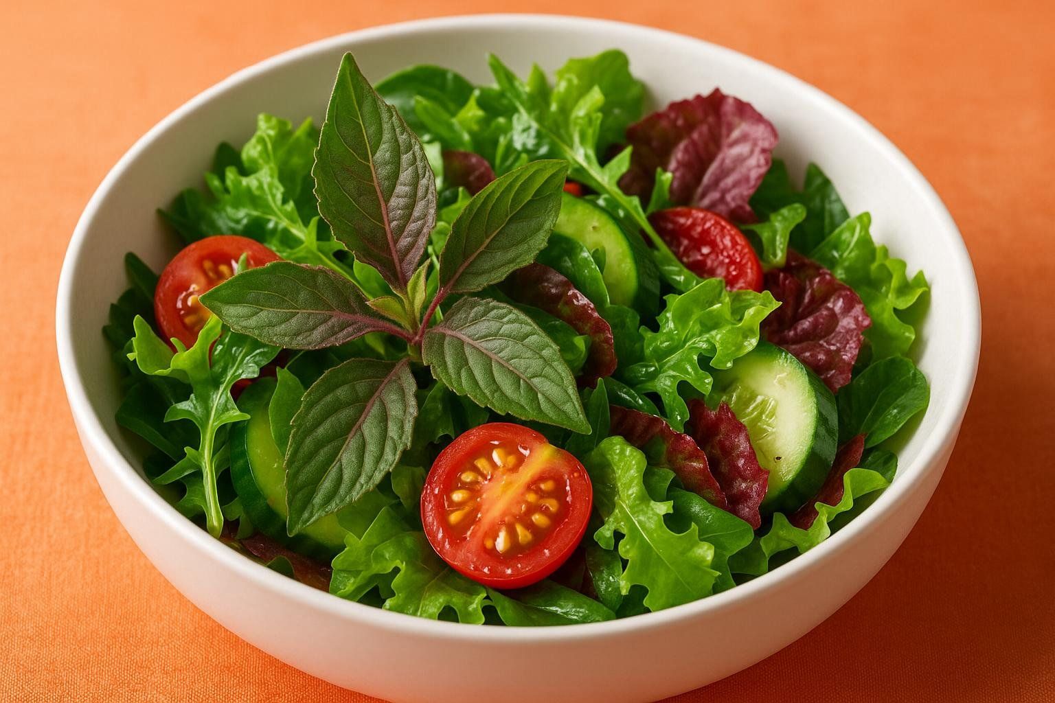 A vibrant green salad in a white bowl, featuring Gynura procumbens leaves, lettuce, cucumber slices, and halved cherry tomatoes.