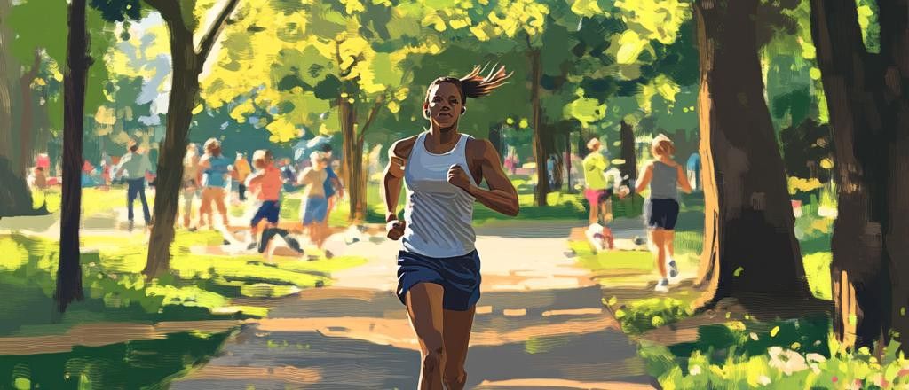 A woman in a white tank top and blue shorts runs on a paved path through a park on a sunny day. Other people are visible in the background.