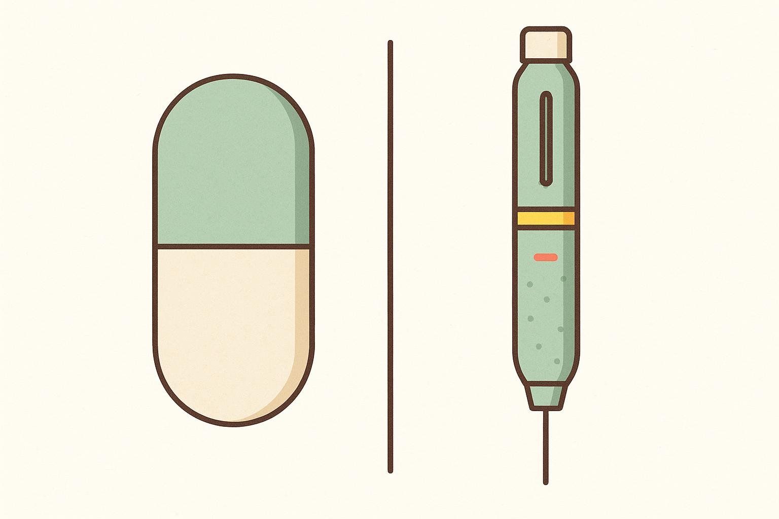 An illustration comparing a capsule-shaped pill on the left to an injectable pen-like device on the right, separated by a vertical line, representing different forms of medication administration.