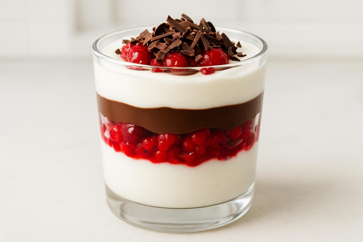 A clear glass filled with layers of white yogurt, bright red berries, and dark chocolate, topped with chocolate shavings and more berries.