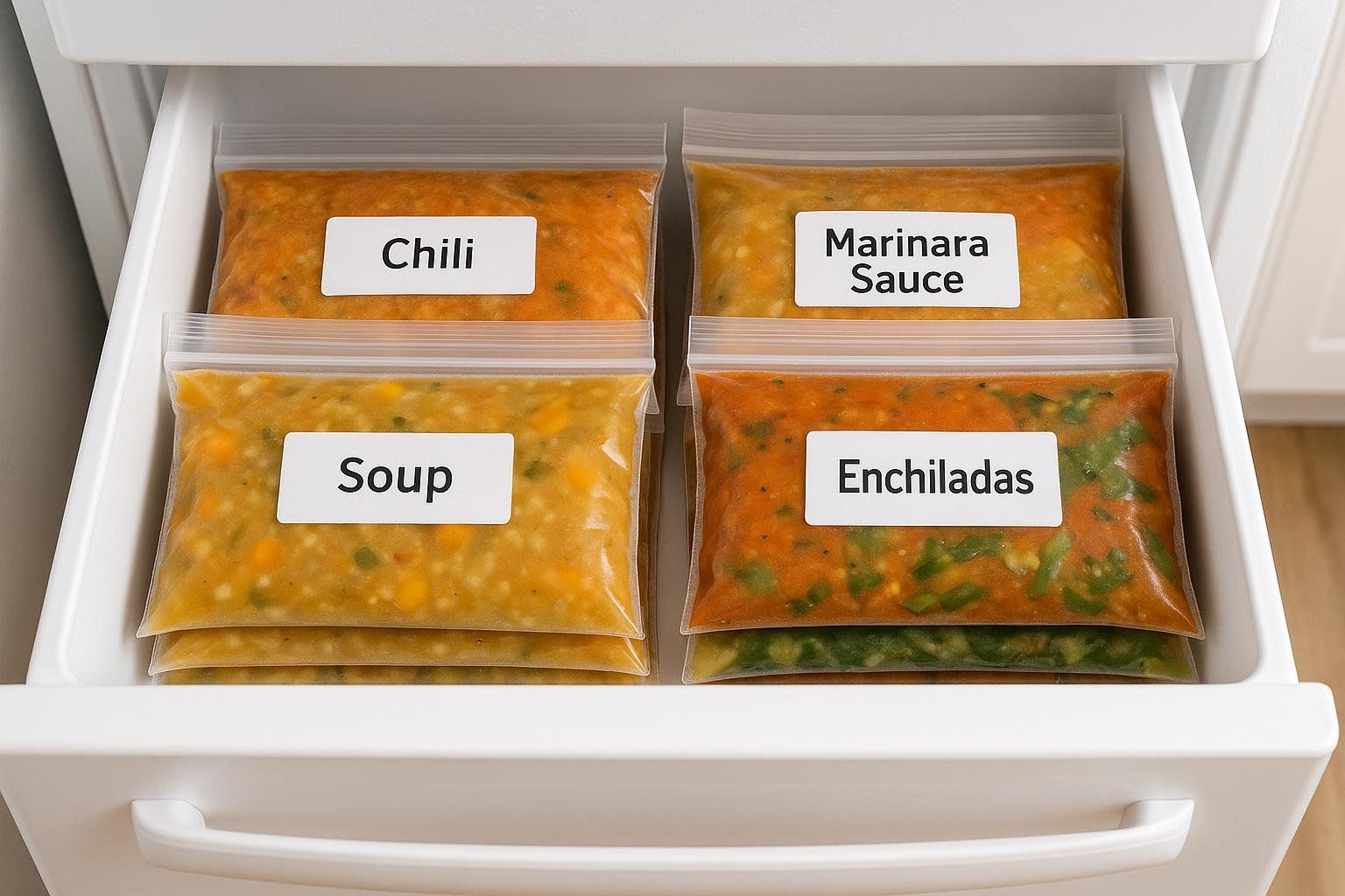 An organized freezer drawer with flat-frozen meals in labeled bags, showing a smart storage solution.