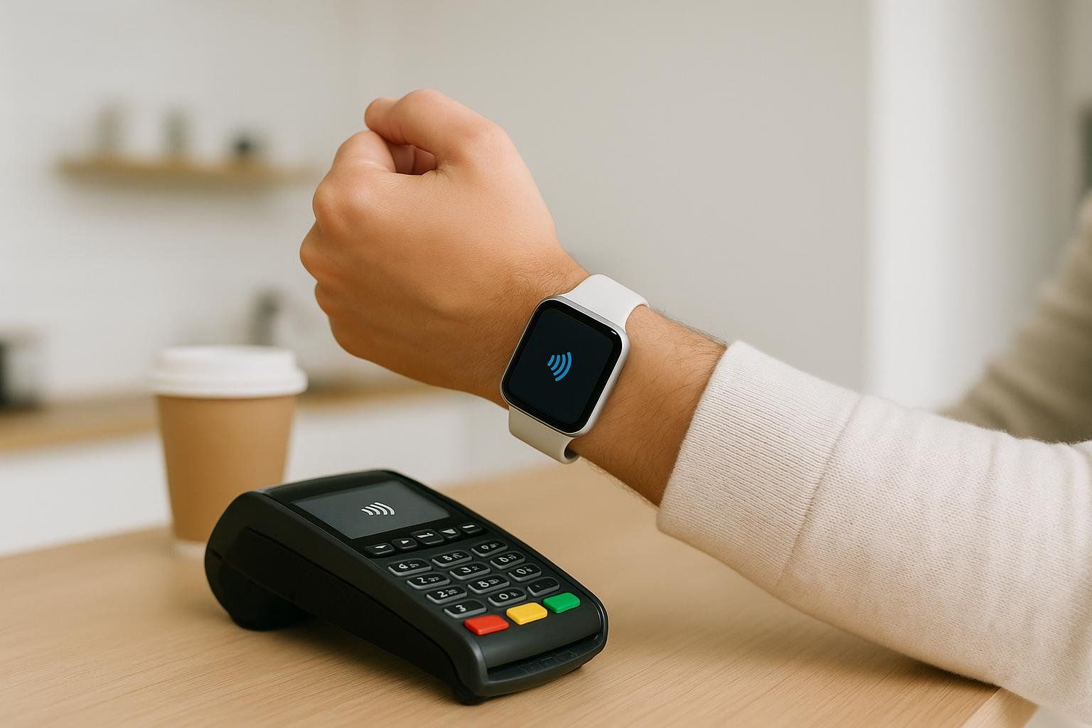 A close-up shot of a person using a white smartwatch with a blue contactless payment symbol displayed on its screen to make a payment at a black POS terminal. A takeaway coffee cup is visible in the background.
