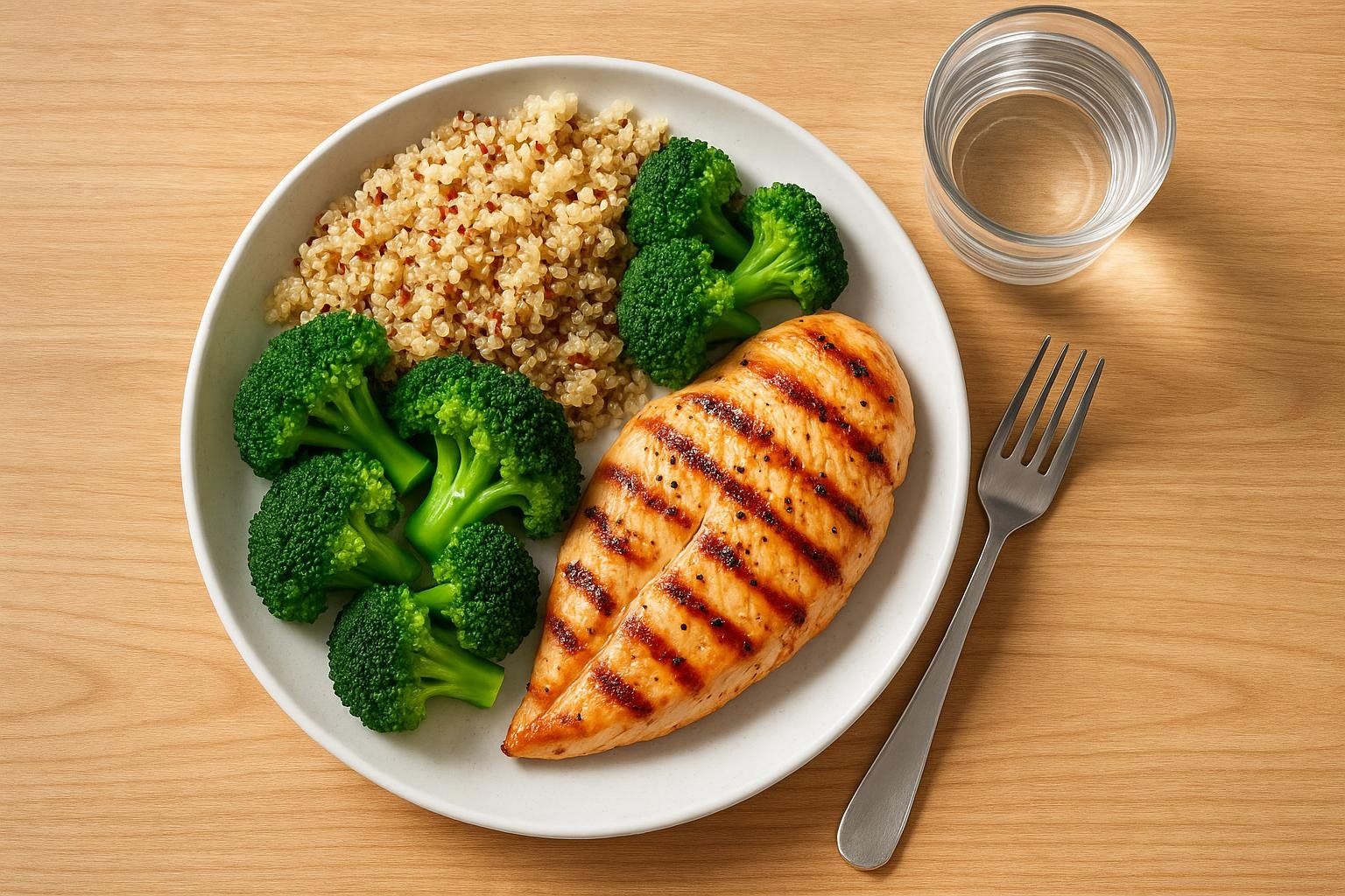 A white plate filled with a grilled chicken breast, a serving of quinoa, and fresh broccoli florets, accompanied by a glass of water and a fork, all resting on a light wooden table.