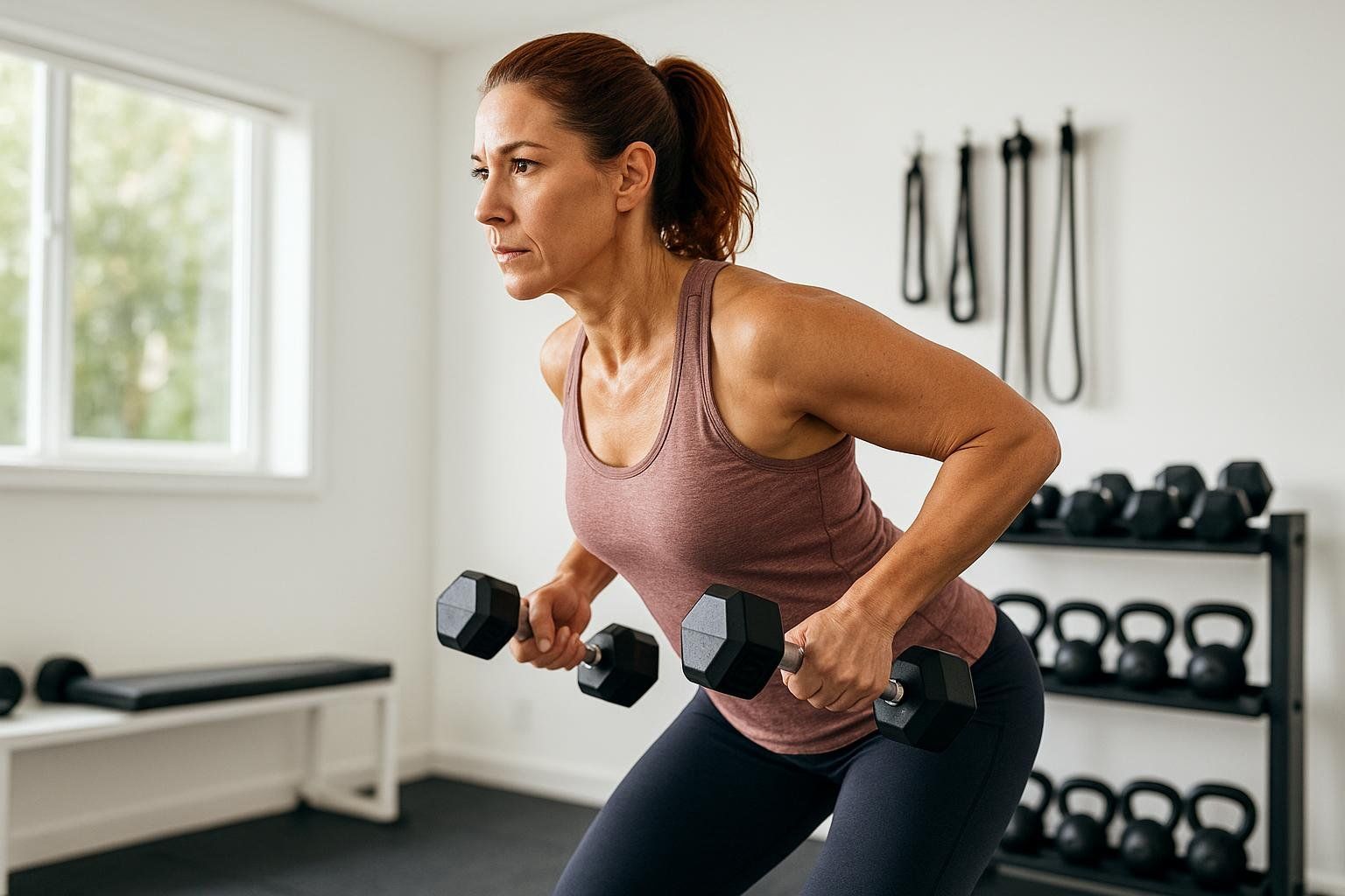 A woman performing resistance training with dumbbells, an essential strategy to combine with collagen for muscle preservation.