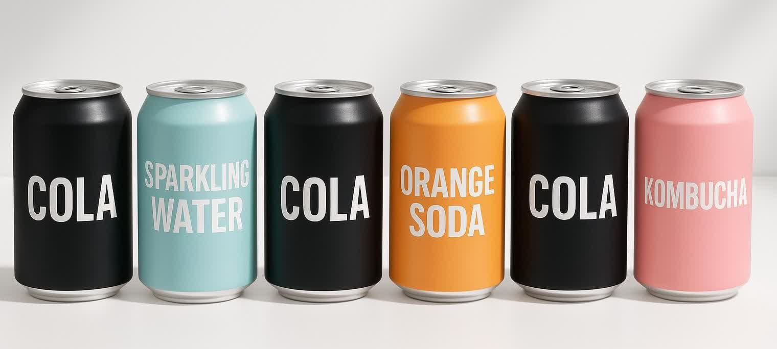 A lineup of six soda cans. Three black cans are labeled 'COLA', one light blue can is labeled 'SPARKLING WATER', one orange can is labeled 'ORANGE SODA', and one pink can is labeled 'KOMBUCHA'.