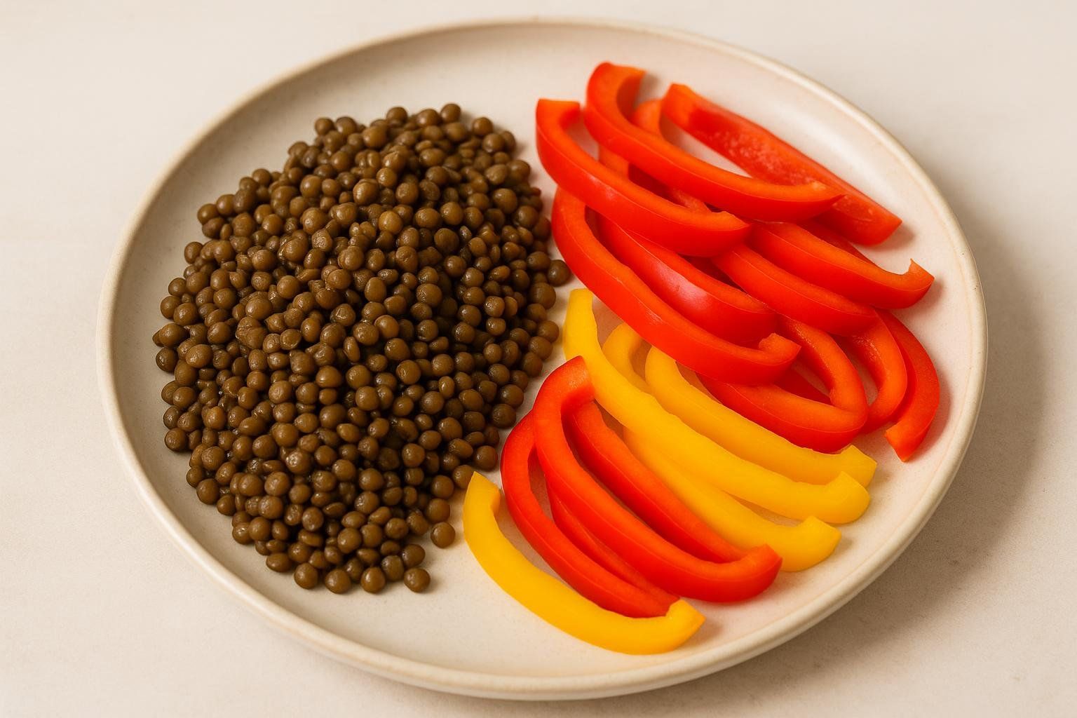 A plate of cooked lentils and sliced red and yellow bell peppers, illustrating how to combine non-heme iron sources with vitamin C-rich foods to enhance iron absorption.