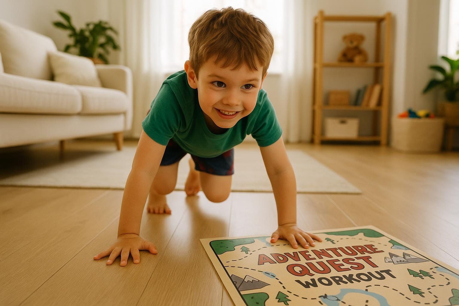 A young boy in a green shirt smiles happily while doing a bear crawl on a light wooden floor, with a mat titled 'Adventure Quest Workout' in front of him.