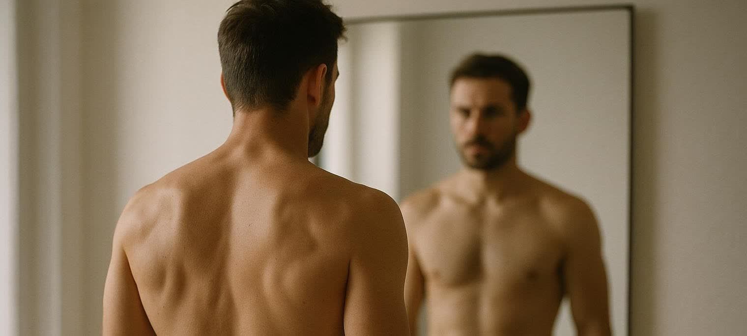 A man's bare back is shown, with his reflection visible in a mirror in front of him. His reflection shows him with a serious expression, looking at his physique.