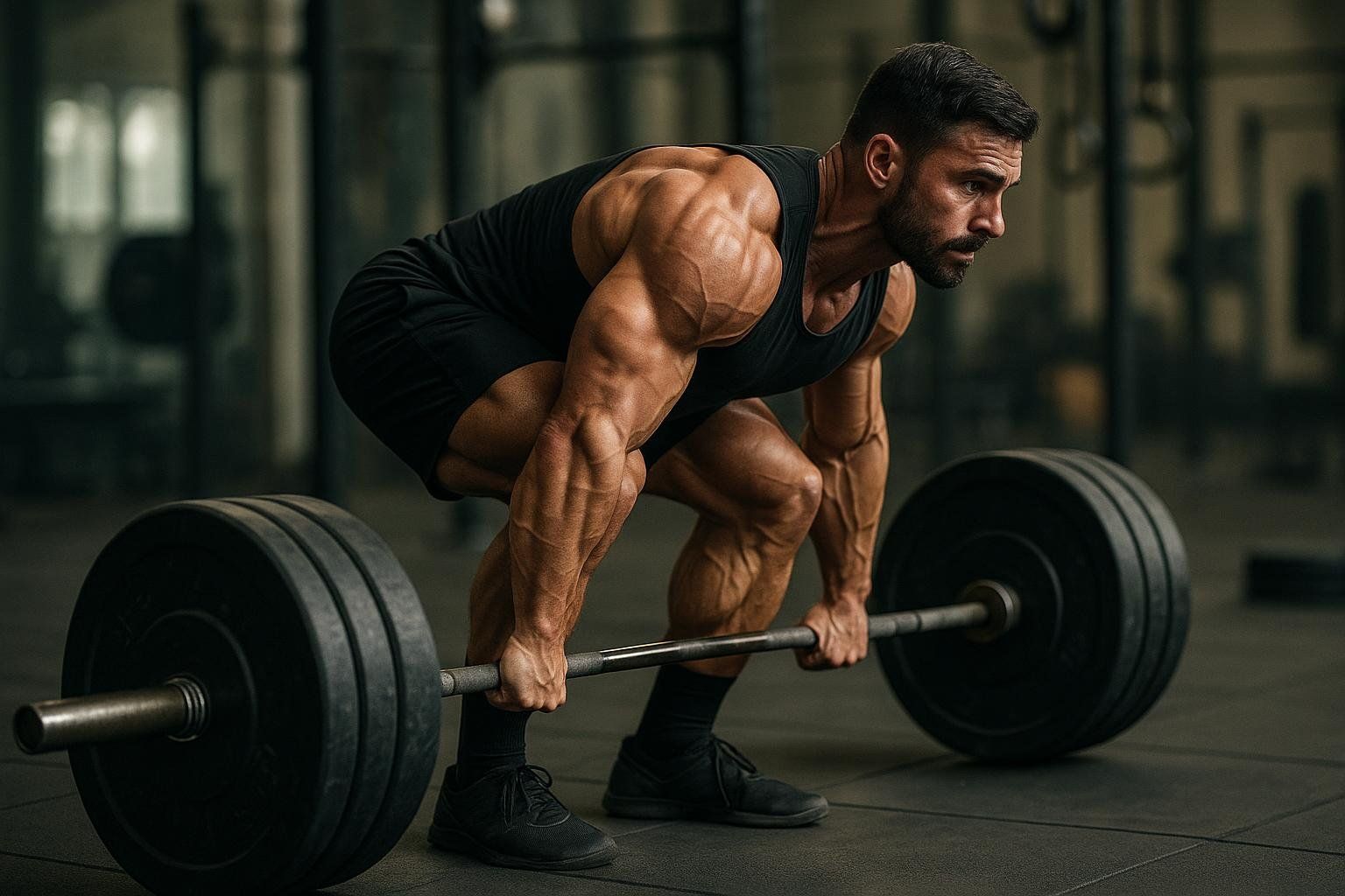 A muscular man with a beard, wearing a black tank top and shorts, performing a deadlift in a gym. He is gripping a barbell loaded with heavy weights, demonstrating proper form in the initial phase of the lift. The background is blurred, showing a gym interior.