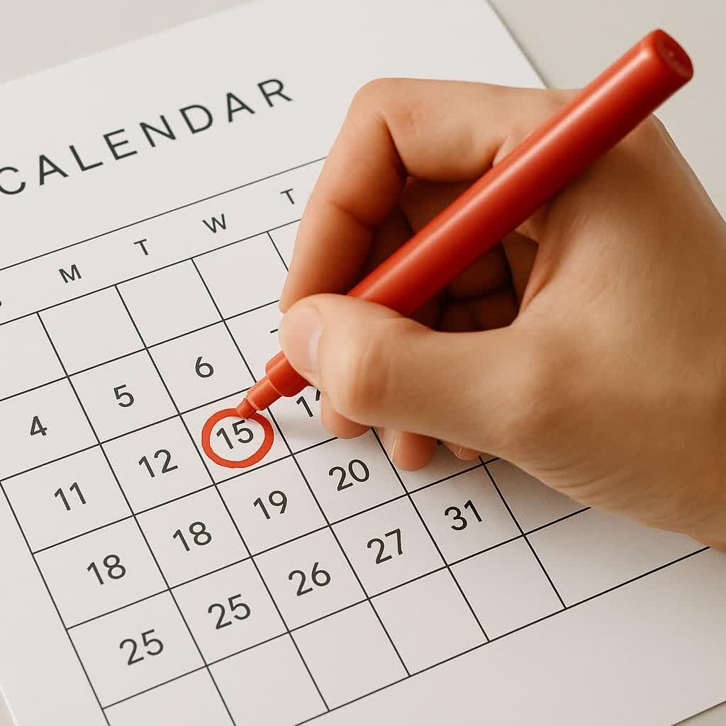 A close-up of a hand using a red marker to circle the number '15' on a white wall calendar, indicating a marked date for a deadline or special event. The word "CALENDAR" is visible at the top left.