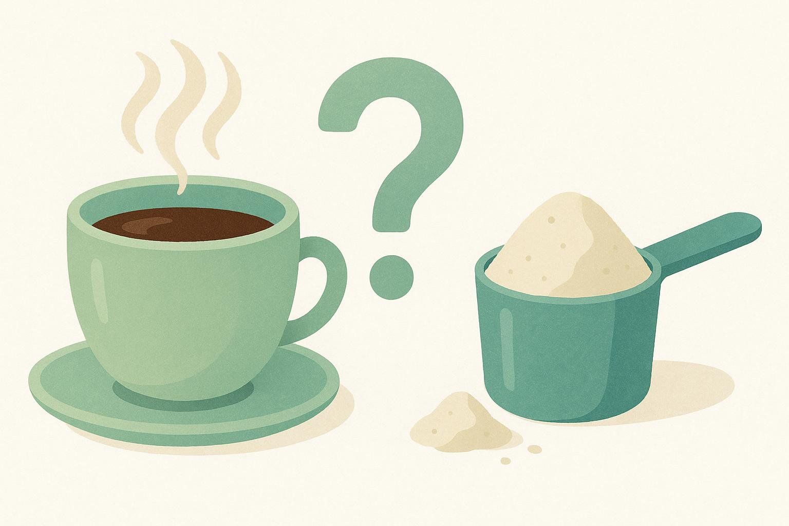 An illustration showing a steaming cup of coffee next to a large question mark, which is next to a scoop of creatine powder, symbolizing a question about the interaction between caffeine and creatine.