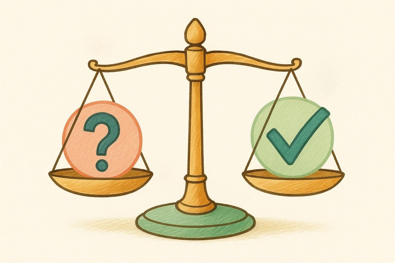 A balance scale shows a checkmark outweighing a question mark, symbolizing the superior accuracy of DEXA over guesswork.