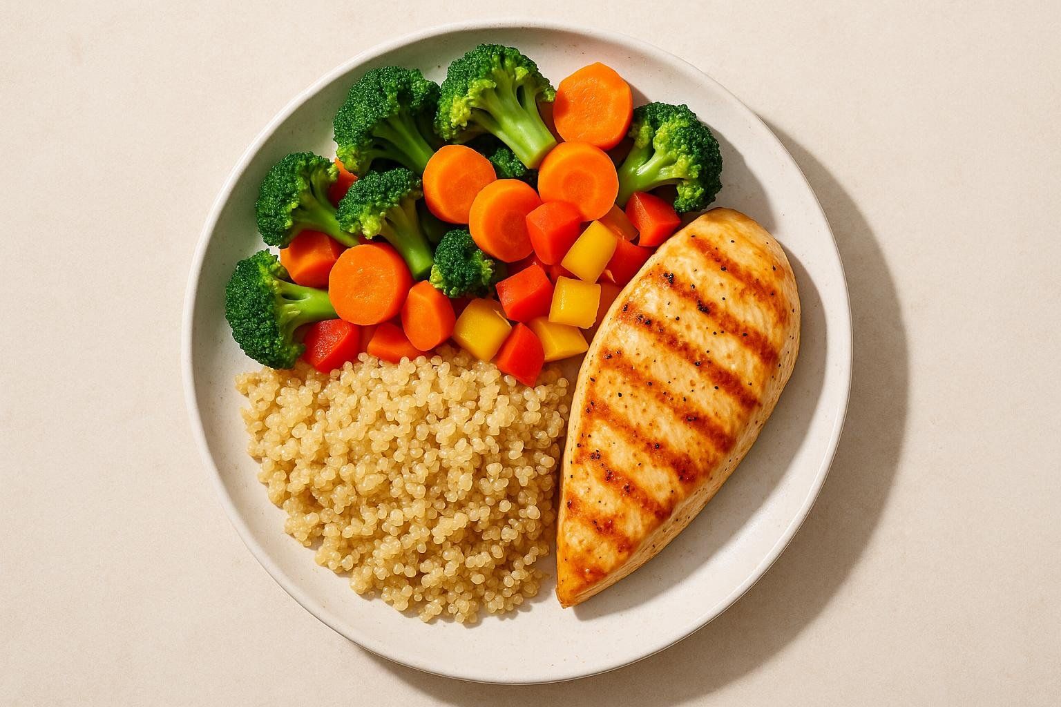 A healthy plate with a grilled chicken breast, broccoli florets, sliced carrots, diced bell peppers, and a portion of quinoa.