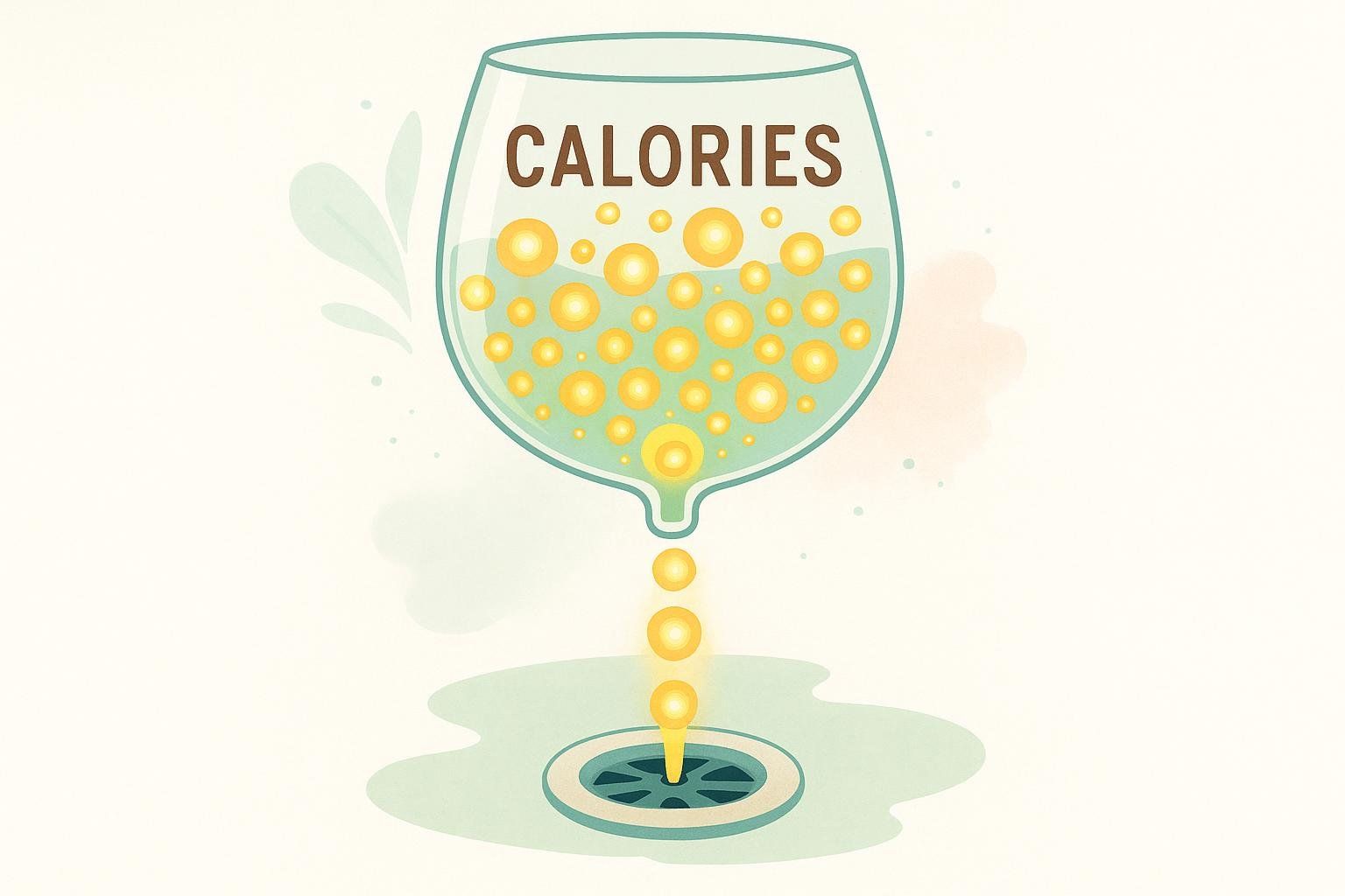 An illustration showing a wine glass labeled 'CALORIES' with numerous glowing yellow orbs, representing calories. The liquid and orbs are draining from the bottom of the glass into a sink drain, symbolizing calorie reduction or savings, possibly from reducing alcohol intake.