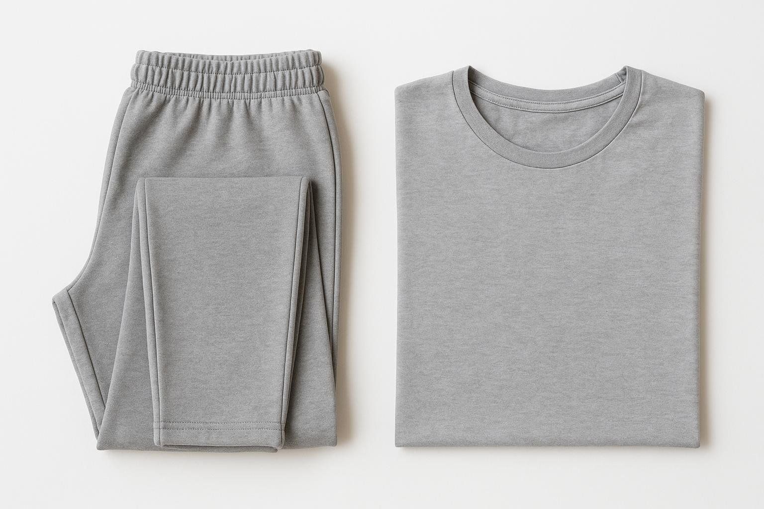 A flat lay of comfortable, metal-free clothing in light grey, consisting of folded sweatpants and a folded t-shirt, suitable for preparing for a DEXA scan.