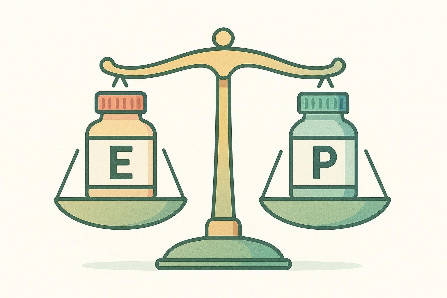 An illustration of a balance scale with two medicine bottles. The bottle on the left has an 'E' for Evenity, and the bottle on the right has a 'P' for Prolia. The scale is balanced.