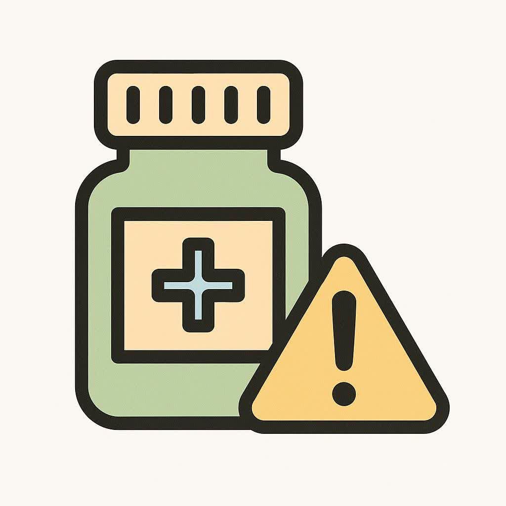 A simple icon of a medication bottle with a warning sign, representing Sermorelin side effects and precautions.