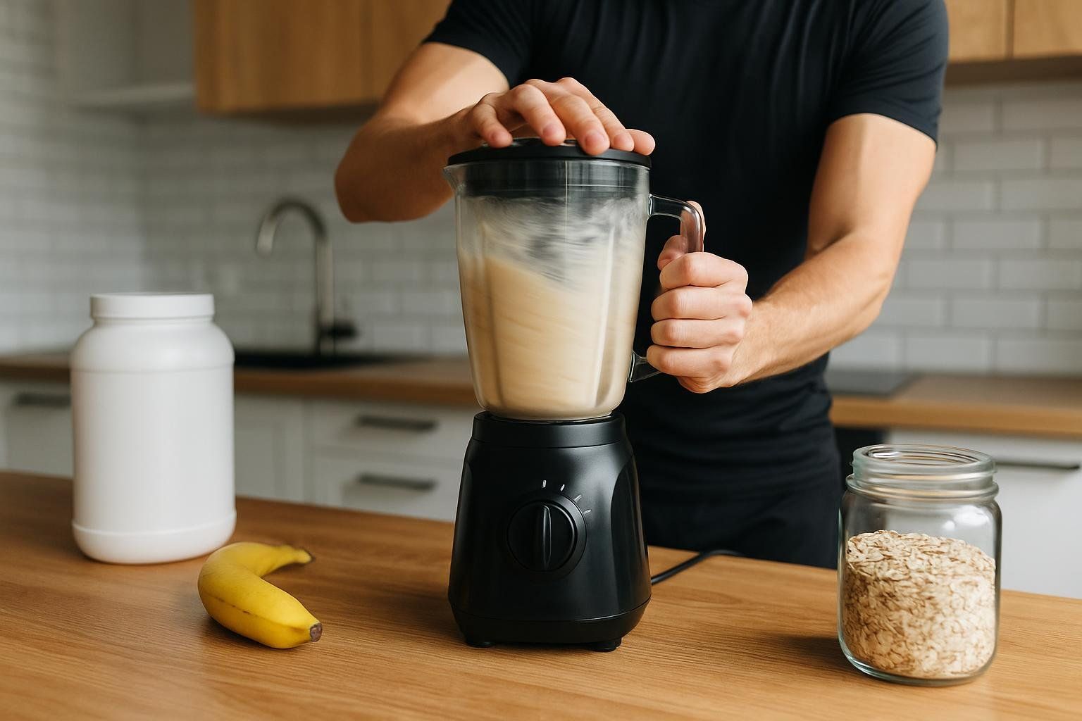 A person in a black shirt blending a protein shake in a black blender on a wooden counter. A white protein powder container, a banana, and a jar of oats are also on the counter.