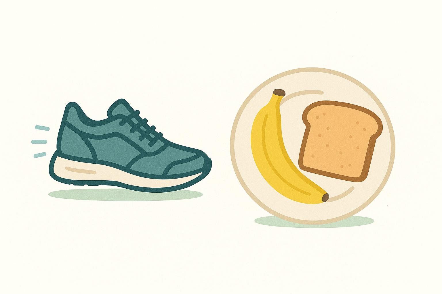 Illustration showing a running shoe next to a plate of a banana and toast, symbolizing pre-workout fuel.
