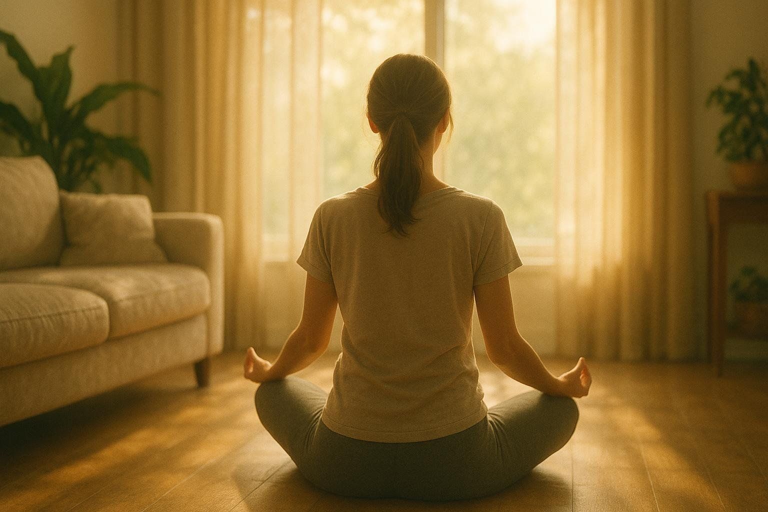 A woman sits on a wooden floor in a cross-legged meditation pose, facing away from the camera towards a bright, sunlit window. Her hands are resting on her knees with fingers forming a mudra. The warm light from the window illuminates the room, which features a sofa and a potted plant.