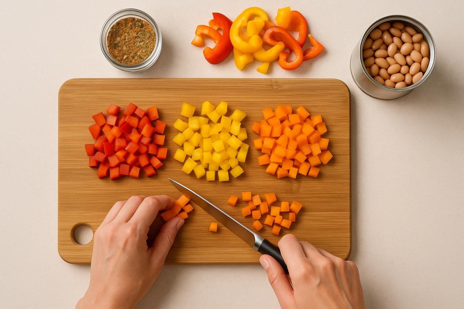 A kitchen scene showing prepped vegetables and a spice jar, illustrating a time-saving hack for cooking.