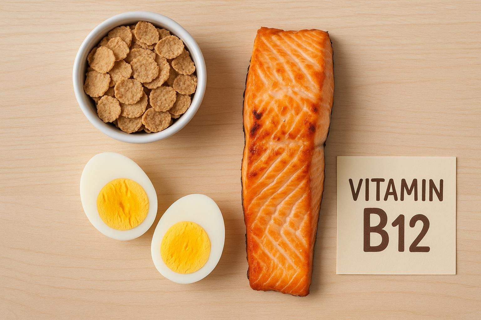 A flat lay of foods rich in Vitamin B12, including a bowl of cereal flakes, two halved hard-boiled eggs, and a cooked salmon fillet, alongside a sticky note that reads 'VITAMIN B12'.