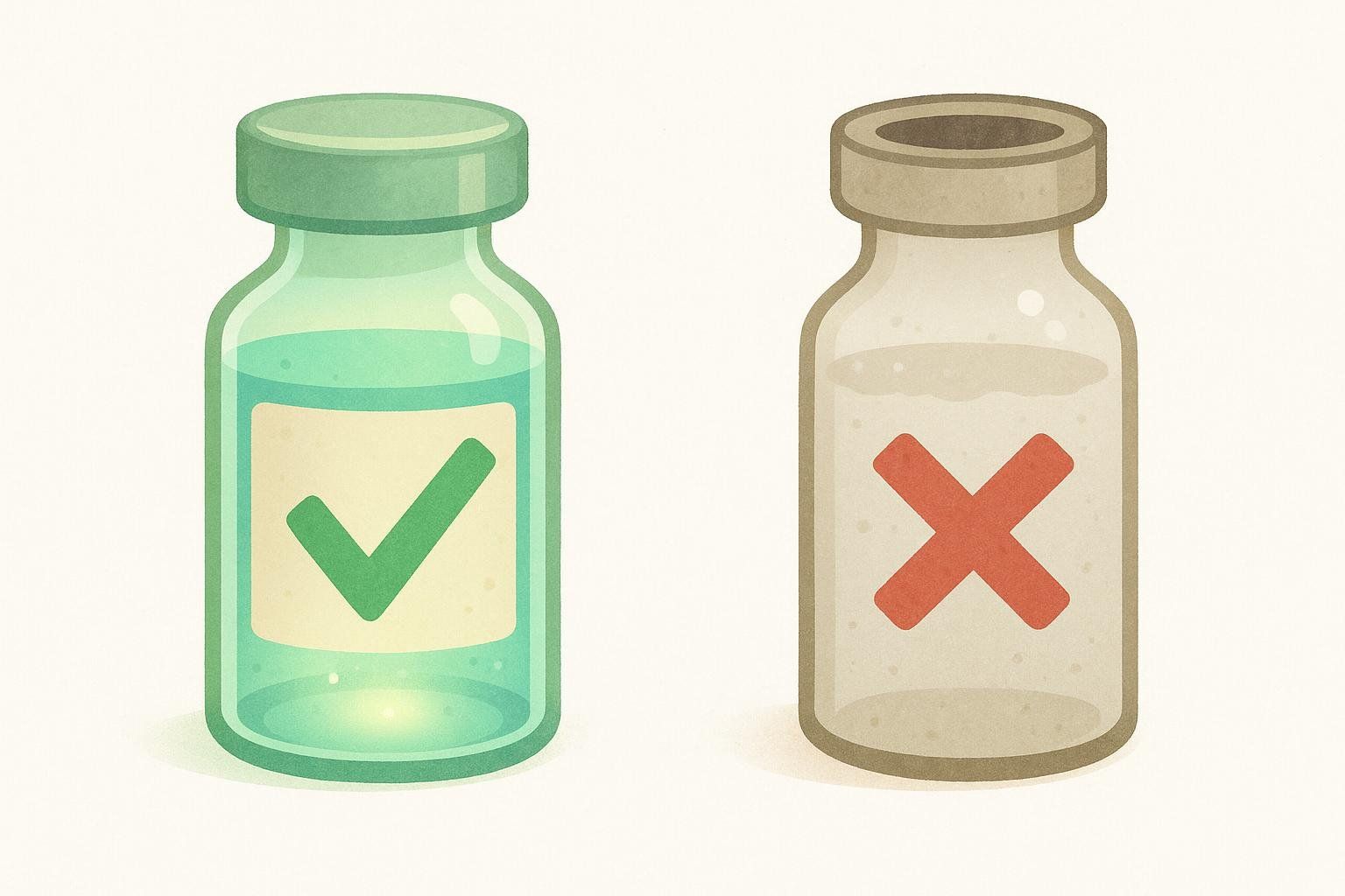 Illustration comparing a quality medication vial with a green checkmark to a questionable one with a red X, highlighting medication potency concerns.