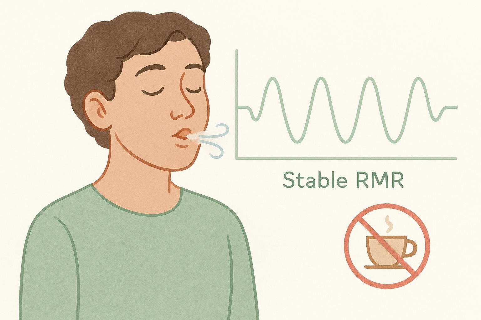 An illustration showing a person breathing calmly, with a graph displaying a stable line labeled "Stable RMR." Below this, a circle with a diagonal line through a cup of coffee indicates that avoiding caffeine helps maintain a stable resting metabolic rate.