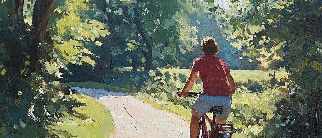 Impressionistic painting of a person in a red shirt and grey shorts riding a bike on a sun-drenched path next to trees and grass.