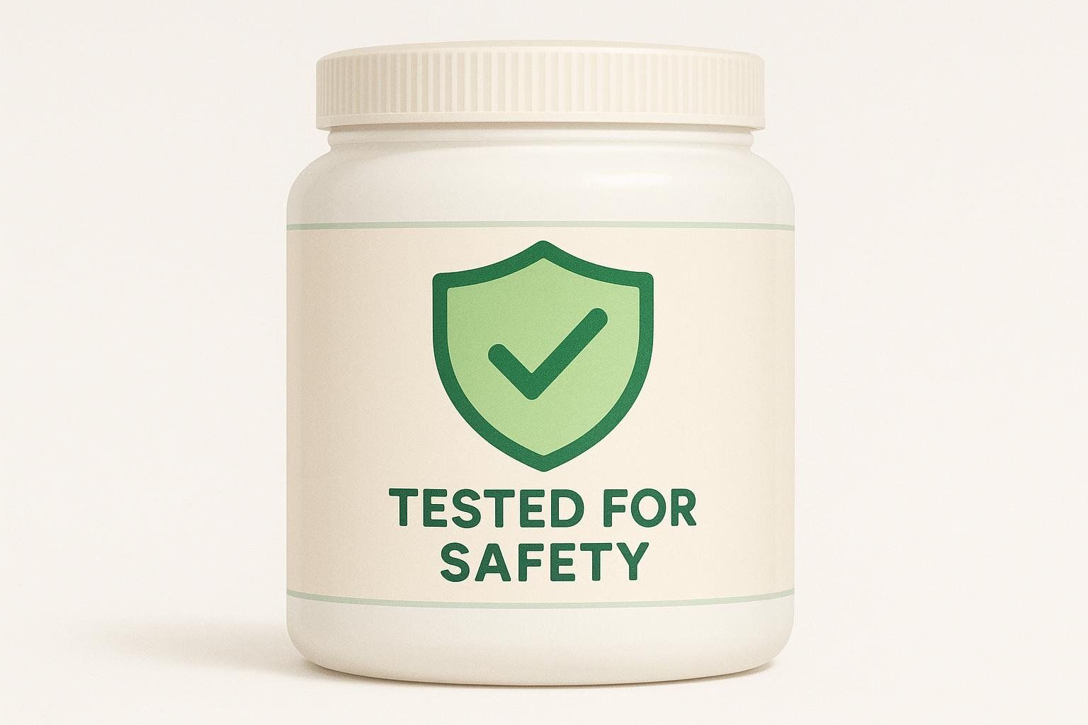 A white supplement tub with a label featuring a green shield icon with a checkmark inside, and the text 'TESTED FOR SAFETY' below it, indicating third-party testing.