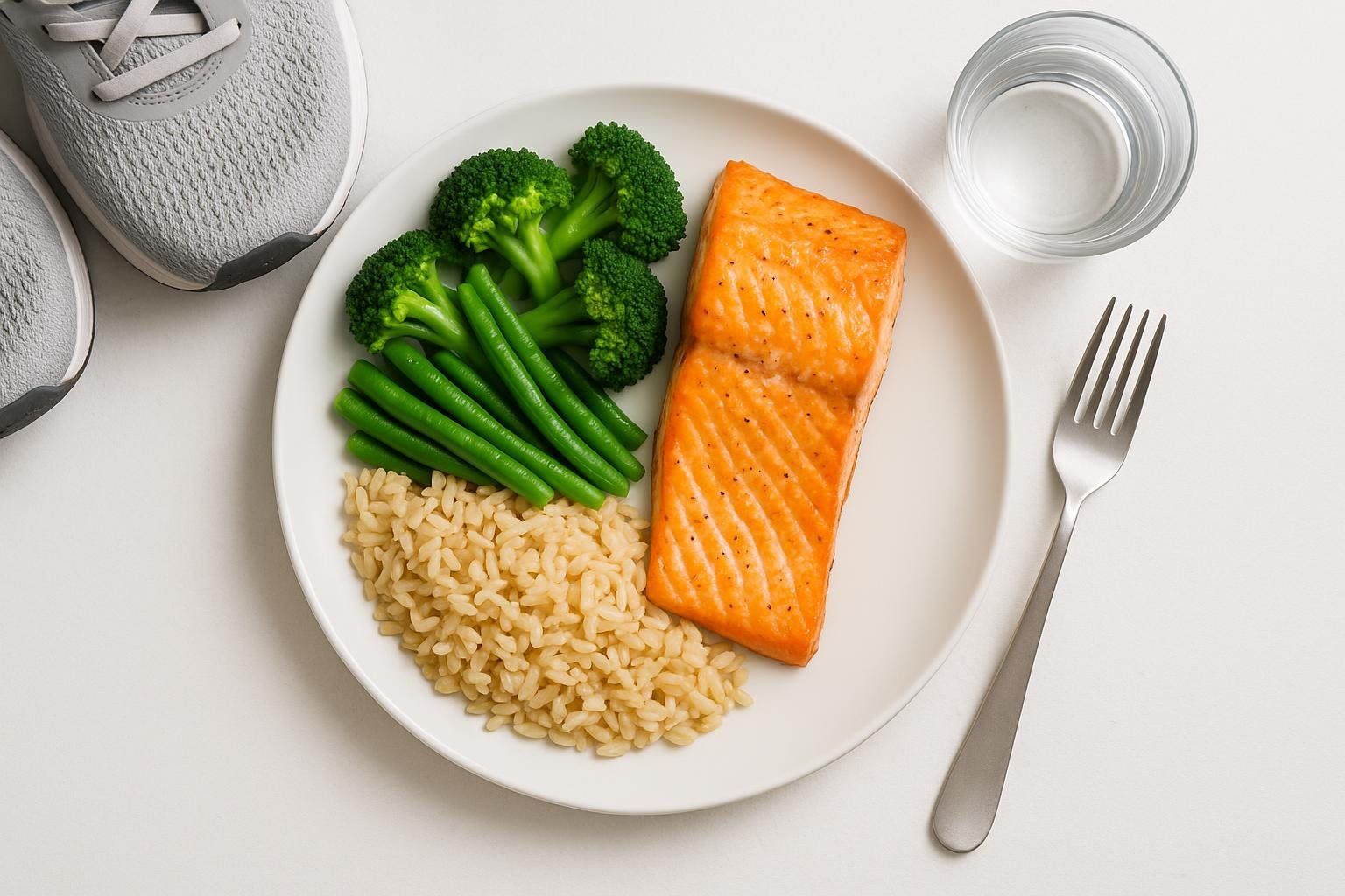 A balanced post-run recovery meal on a white plate, featuring a salmon fillet, broccoli, green beans, and brown rice, with running shoes in the background and a glass of water and fork to the side.