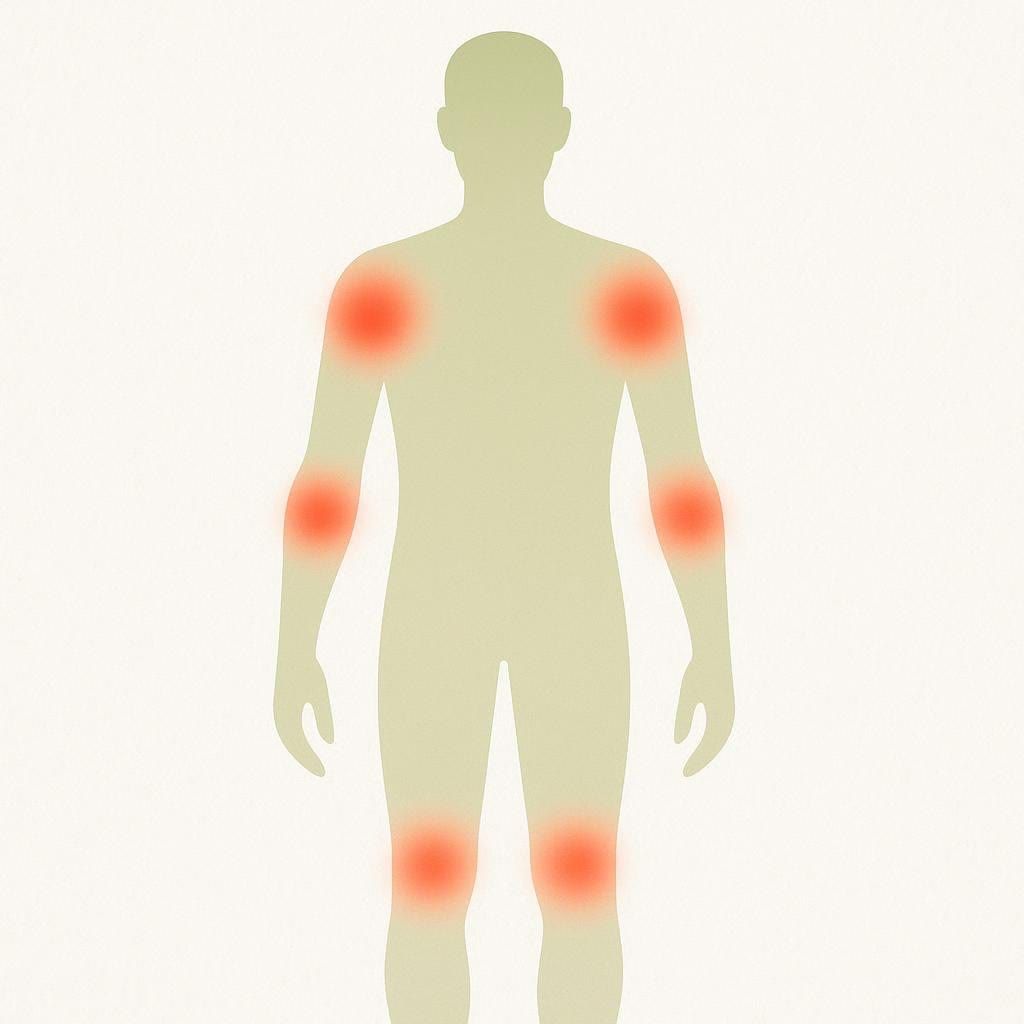 A stylized human figure in a neutral light-brown color, with red glowing circles highlighting the shoulders, elbows, and knees, indicating widespread joint pain or inflammation.