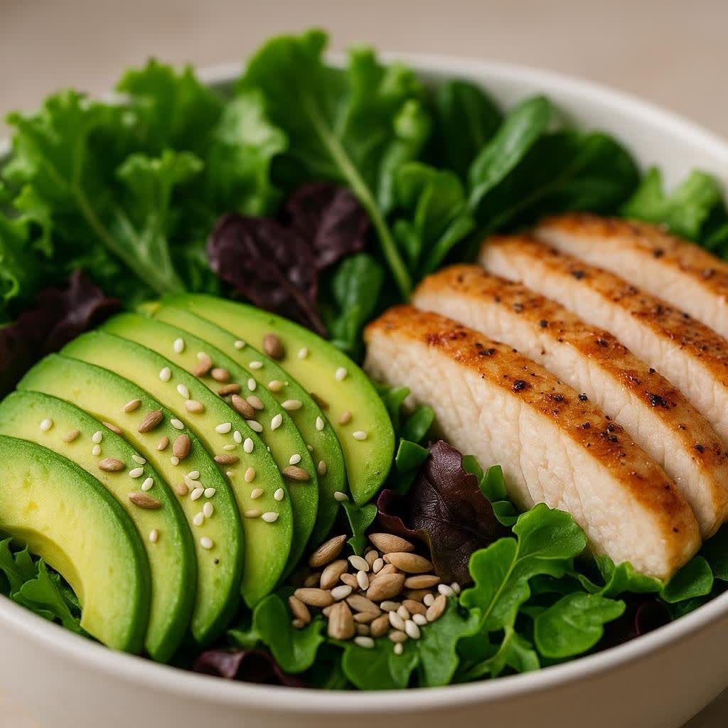 A close-up of a healthy and balanced meal in a bowl, containing protein, carbs, and healthy fats.