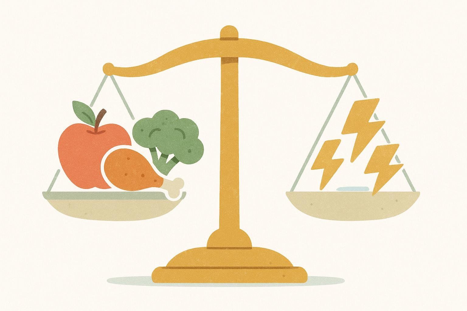 Stylized balance scale illustrating a calorie deficit with food on one side and lightning bolts representing energy expenditure on the other.