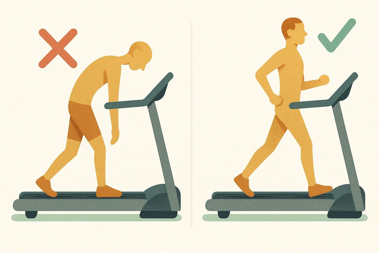 An illustration showing the difference between bad, slouching posture (marked with a red 'X') and good, upright posture (marked with a green checkmark) while walking on a treadmill.